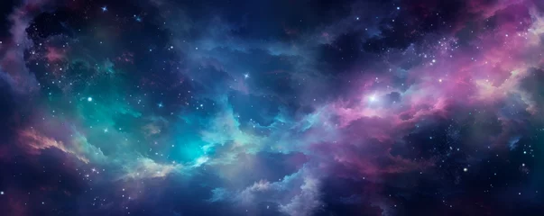 Fototapeten A colorful space depicted with numerous stars and clouds scattered throughout, creating a dynamic and celestial scene. A snapshot of the galaxy. Milky Way. Banner. Copy space © stateronz