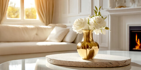 Im Vordergrund ein Tisch, im Hintergrunde in Wohnzimmer  in weiss mit gold Akzenten 