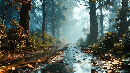 Realistic Photo of an European Forrest, rainy, Fog, sunshines