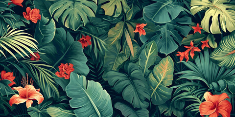 Tropical exotic pattern with animal and flowers in bright colors and lush vegetation. Ai Generative.