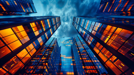 Urban Architecture and Modern Skyscrapers, Business District with Reflective Glass Facades, Blue Sky Cityscape