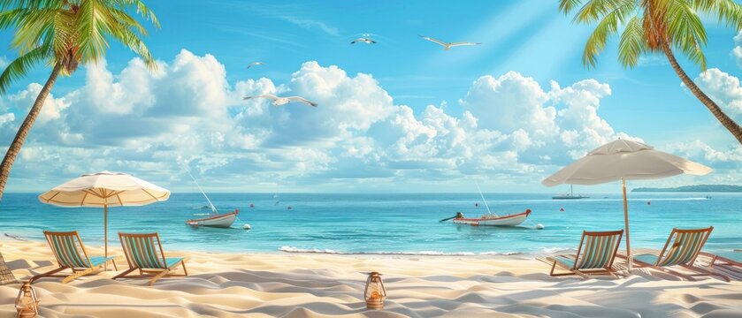 A beach scene with a few umbrellas and chairs. The sky is blue and there are a few birds flying in the background