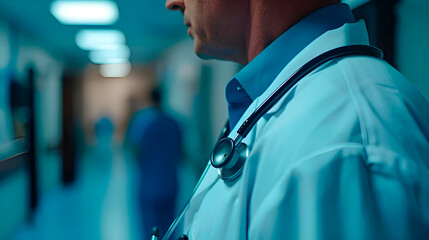 Doctor Man With Stethoscope In Hospital stand on blurred background , generated AI 