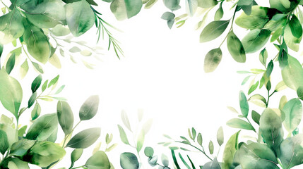 A watercolor painting featuring vibrant green leaves set against a clean white background. The intricate details and varying hues of green bring the foliage to life. Banner. Copy space - obrazy, fototapety, plakaty