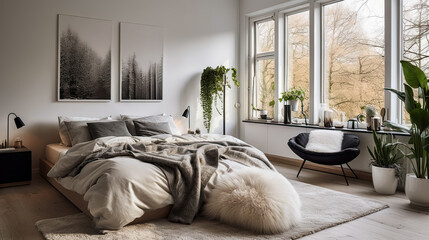 A bedroom with a white bed, a black chair, and a white rug. There are two pictures on the wall, one of which is a black - obrazy, fototapety, plakaty