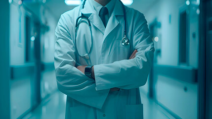 Doctor Man With Stethoscope In Hospital stand on blurred background , generated AI 