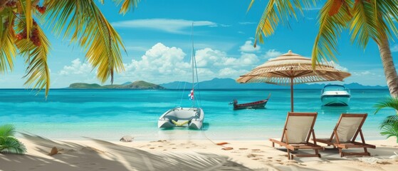 A beach scene with a boat and two beach chairs under an umbrella. Scene is relaxing and peaceful