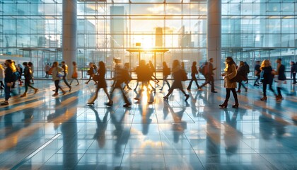 business workplace with people in walking in blurred motion in modern office space
