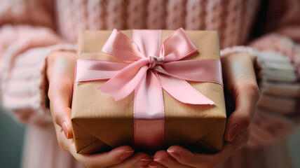 Hands holding gift box wrapped and decorated with satin ribbon, generated AI