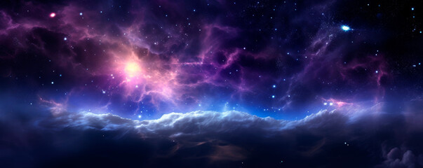 A vast space filled with twinkling stars and wispy clouds. The stars shine brightly against the dark backdrop, while the fluffy clouds add texture to the scene. Banner. Copy space