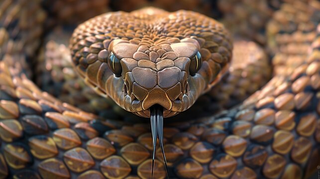 An ultra-realistic close-up of a snake's head, focusing on its hypnotic eyes and flickering tongue.