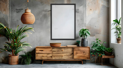 Wooden cabinet, dresser against concrete wall with mock up poster frame with copy space , generated AI