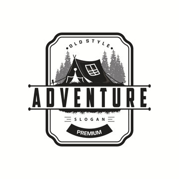 Camping logo wild forest design outdoor adventure illustration of trees and simple tent