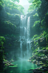 tropical rainforest river landscape with waterfall