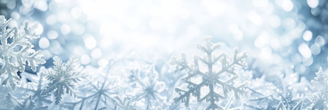 Banner with snowflakes, transparent and cold, winter frosty pattern with silver bokeh and space for text