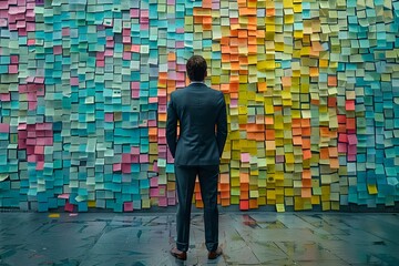 A man in business attire investigates finance in front of a wall covered in sticky notes and cutouts. Concept Finance, Business Attire, Investigation, Sticky Notes, Wall Display - obrazy, fototapety, plakaty