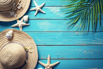 Azure and electric blue objects on wood surface, summer vibes - Powered by Adobe