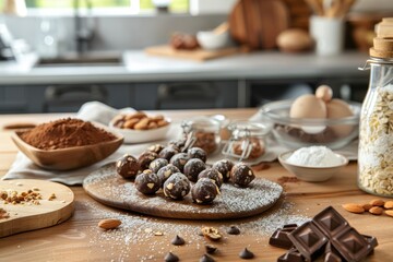 Fototapeta premium Preparing chocolate balls with almond chips on a kitchen bench. Front view. Horizontal composition.