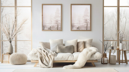 A living room with a white couch and a white blanket on it. There are two pictures on the wall, one of which is a tree. The room has a cozy - obrazy, fototapety, plakaty
