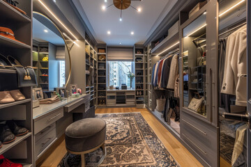 A luxury walk-in closet with custom cabinetry and lighting. The room is organized with dedicated spaces for shoes, handbags, and clothes. - Powered by Adobe