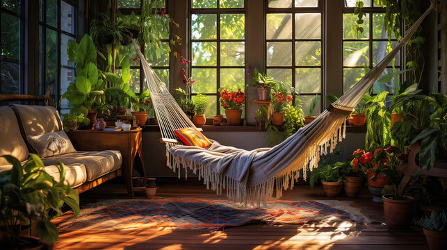 A room with a hanging hammock and plants. The hammock is draped over a chair and a couch. The room has a cozy and relaxing atmosphere