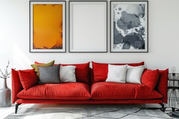A red couch with white pillows sits in front of a white wall. The couch is surrounded by three framed pictures, one of which is a black and white painting. The room has a modern and minimalist feel