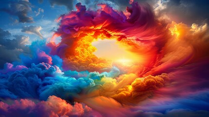 a painting of a rainbow colored cloud with the sun in the middle of the clouds and the sun in the center of the clouds.