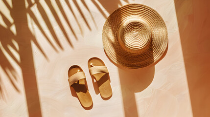 A top view of a summer hat and a pair of sandals casting artistic shadows on a pastel - colored background.