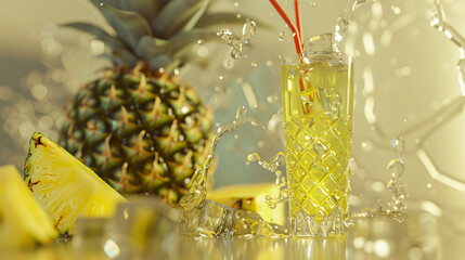 Glass with pineapple juice, pineappleand splashes of water. - obrazy, fototapety, plakaty