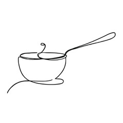 a black and white drawing of a kitchen items with a spoon in it