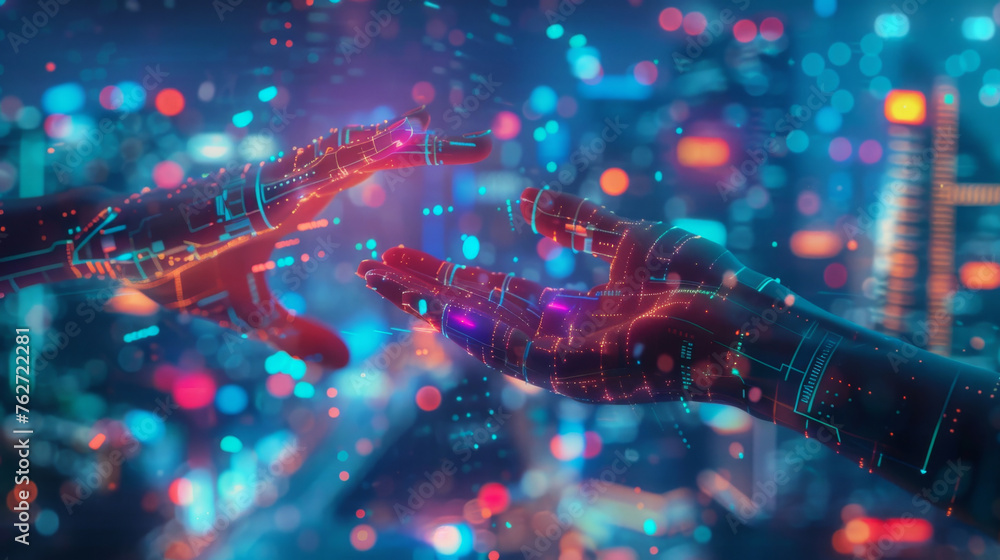 Poster digital hands reaching out in a neon-lit data space, symbolizing connectivity