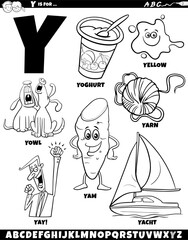 Letter Y set with cartoon objects and characters coloring page