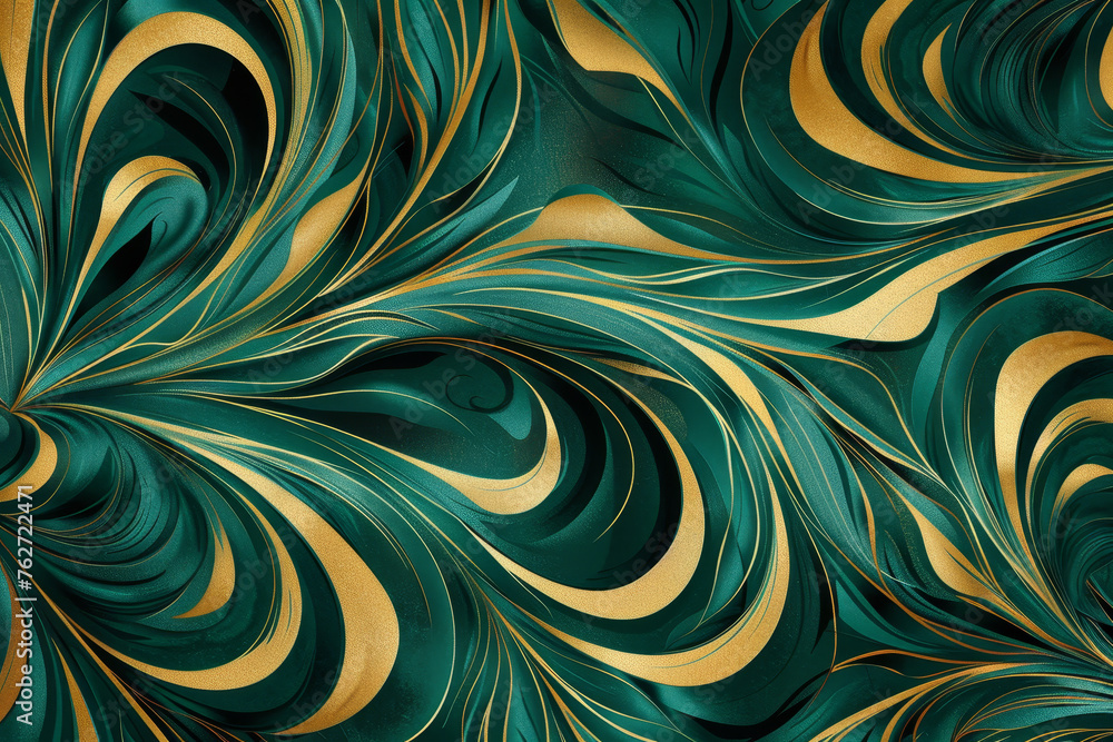 Poster a luxury wallpaper pattern with a swirling design of emerald and gold, creating an abstract motif th