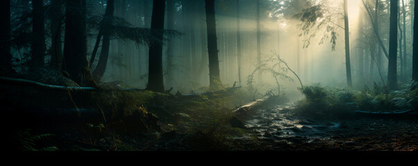A foggy forest filled with numerous tall trees engulfed in mist. The thick fog creates an eerie atmosphere, obscuring the view of the surrounding landscape and emphasizing. Banner. Copy space - obrazy, fototapety, plakaty
