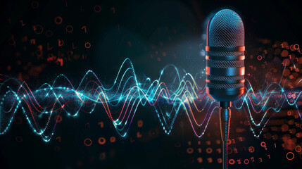 Fototapeta na wymiar Futuristic microphone with digital audio waveform