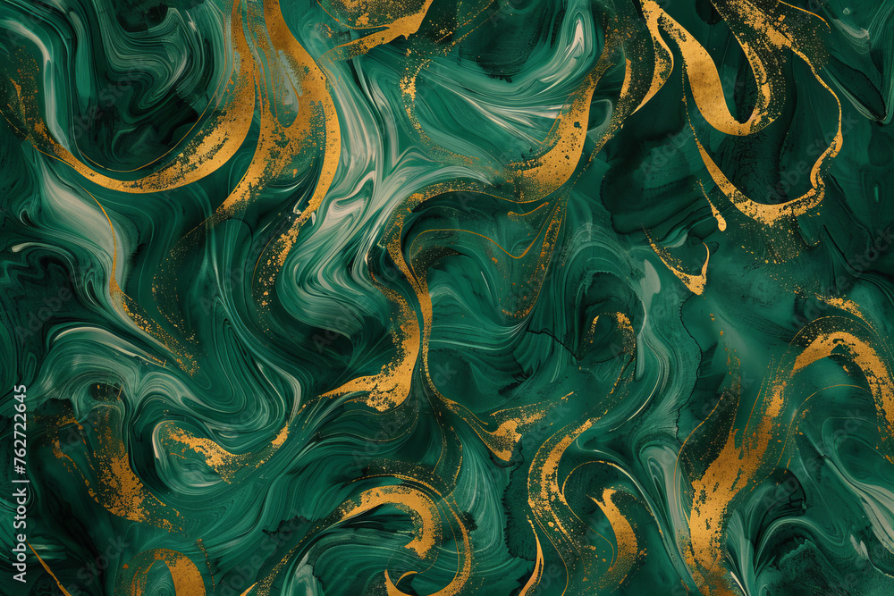 Poster a luxury wallpaper pattern with a swirling design of emerald and gold, creating an abstract motif th