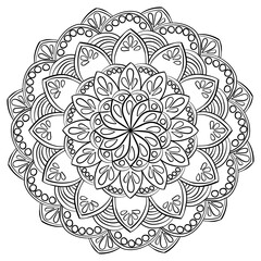 Doodle mandala with drops and circles, antistress coloring page for activity and design