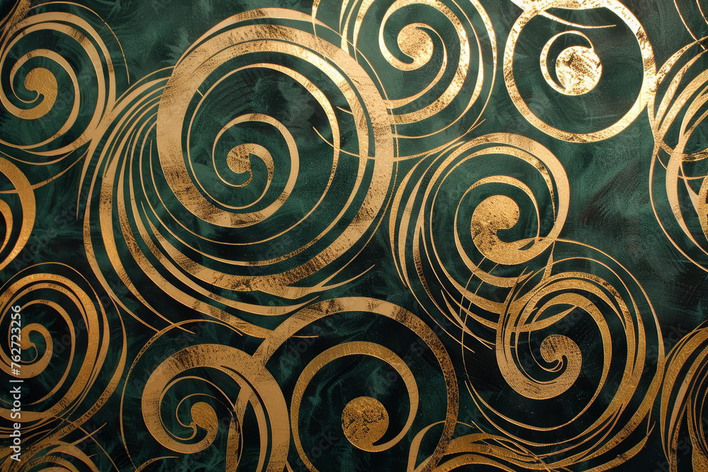 Poster a luxury wallpaper pattern with a swirling design of emerald and gold, creating an abstract motif th