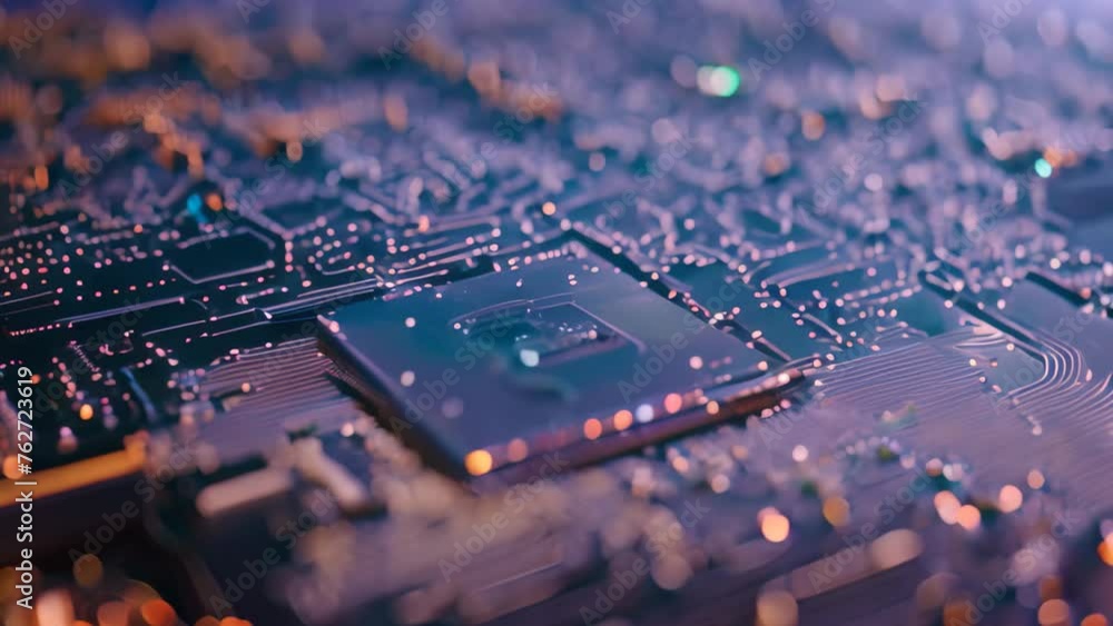 Poster closeup of electronic circuit board with processor. abstract technology background with circuit boar