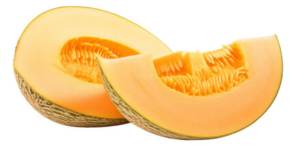 A ripe melon split in half, revealing its juicy flesh and seeds, set against a pristine white background