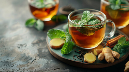 A cup of tea with mint and ginger.