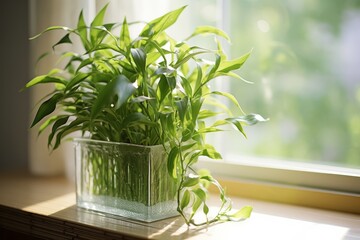 Green Plant in Glass Vase on Window Sill