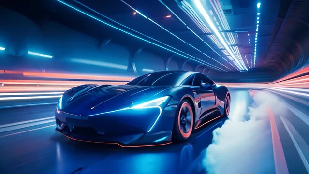 3D rendering of a sports car in a tunnel with light trails, A sports car a futuristic autonomous vehicle on a trail, AI Generated