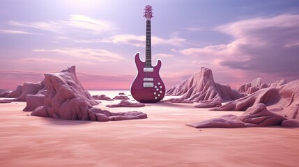 Surreal Desert Landscape with Electric Guitar: A Fusion of Music and Digital Art