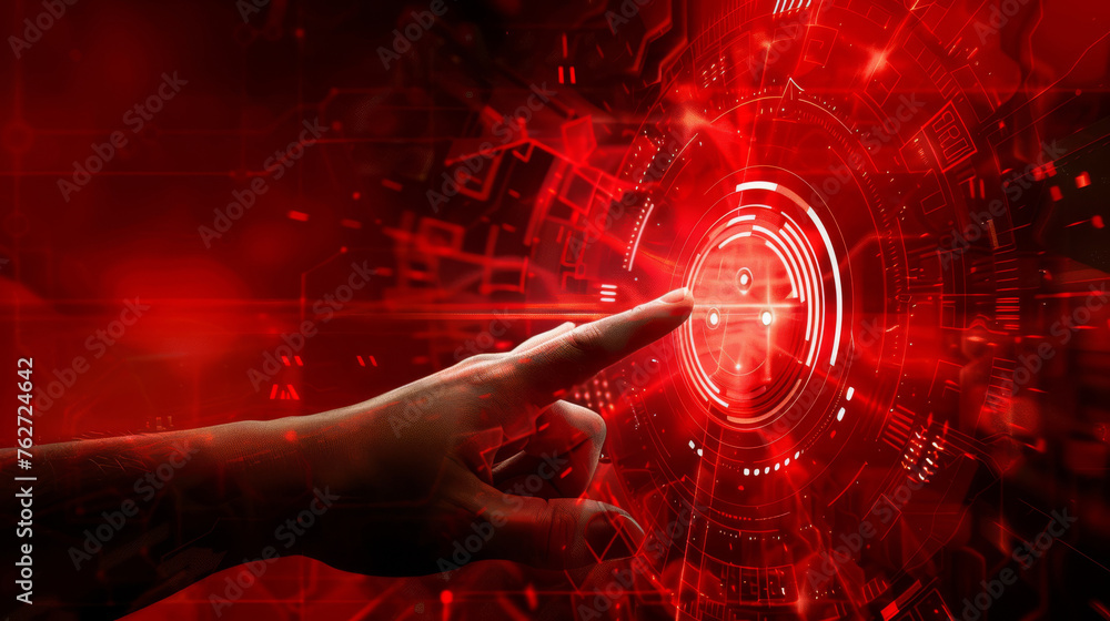 Poster human finger about to touch a glowing red holographic interface with digital elements