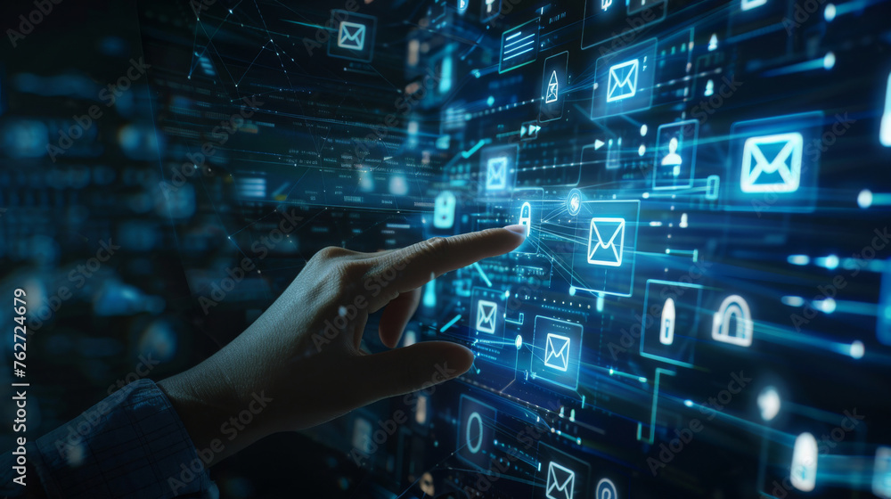 Aufkleber hand interacts with a 3d virtual interface of email symbols, symbolizing advanced digital communicat
