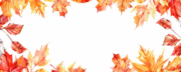 A detailed watercolor painting featuring vibrant autumn leaves in various shades of red, orange, and yellow, delicately painted on a white background. The leaves are depicted. Banner. Copy space