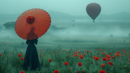 A Burmese woman holding a traditional red umbrella looks at a hot air balloon over Bagan plains in Mandalay, Myanmar, in a misty morning.