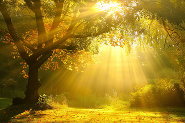 sun beams in an autumn morning forest