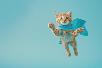 superhero cat Cute orange tabby kitty with a blue